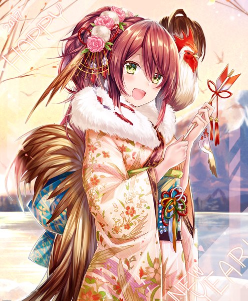 Anime picture 800x969 with original yuya (night lily) single long hair tall image looking at viewer blush fringe open mouth hair between eyes brown hair green eyes traditional clothes japanese clothes new year animal on shoulder 2017 bird on shoulder girl hair ornament