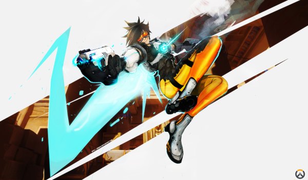 Anime picture 4908x2872 with overwatch blizzard entertainment tracer (overwatch) ibroid (artist) single highres short hair black hair smile wide image absurdres orange eyes girl weapon gun suit goggles pistol