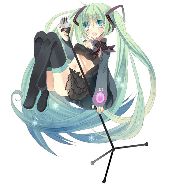 Anime picture 1500x1600 with vocaloid hatsune miku sana-m single tall image blush open mouth simple background white background very long hair aqua eyes aqua hair midriff girl navel detached sleeves miniskirt thigh boots microphone stand