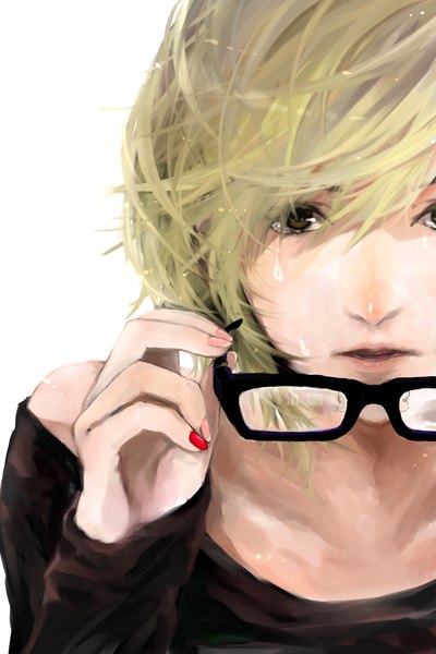 Anime picture 3130x4691 with original tixyaso tall image looking at viewer highres short hair open mouth simple background blonde hair white background brown eyes absurdres fingernails tears pale skin long fingernails girl glasses