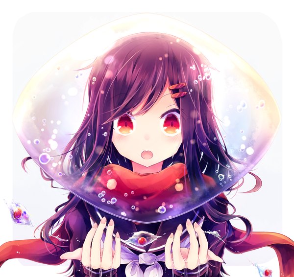 Anime picture 1800x1699 with kagerou project shaft (studio) tateyama ayano nyowaa417 single long hair blush highres open mouth simple background red eyes purple hair border girl uniform hair ornament serafuku hairclip scarf bubble (bubbles)
