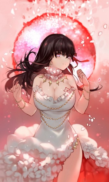Anime picture 576x960 with fate (series) fate/stay night matou sakura joseph lee single long hair tall image looking at viewer fringe breasts light erotic black hair smile hair between eyes large breasts standing bare shoulders holding sky cleavage