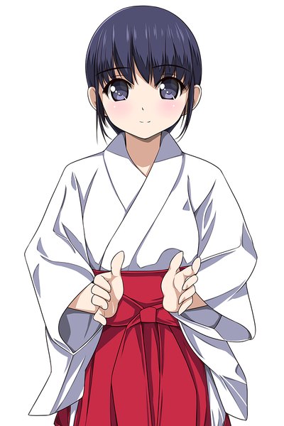 Anime picture 800x1200 with original matsunaga kouyou single tall image looking at viewer blush short hair blue eyes black hair smile white background traditional clothes japanese clothes miko girl