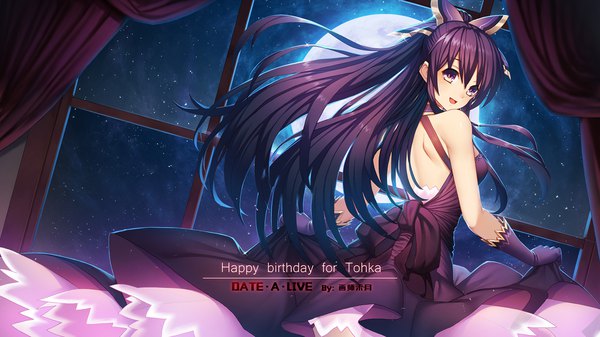 Anime picture 1920x1080 with date a live yatogami tooka ttheyue single long hair looking at viewer blush highres breasts open mouth smile wide image standing purple eyes bare shoulders purple hair ponytail indoors :d looking back