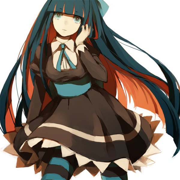 Anime picture 1000x1000 with panty & stocking with garterbelt anarchy stocking lemontea single long hair simple background white background blue hair multicolored hair aqua eyes orange hair two-tone hair adjusting hair colored inner hair expressionless girl thighhighs dress striped thighhighs