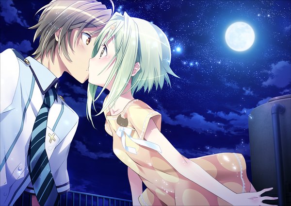 Anime picture 1024x725 with friends (game) kamiya maneki blush short hair brown hair yellow eyes game cg green hair night kiss girl boy necktie moon sundress