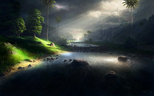 Anime picture 1680x1050 with original fel-x (artist) wide image sky cloud (clouds) sunlight wallpaper mountain no people landscape scenic river waterfall plant (plants) tree (trees) water