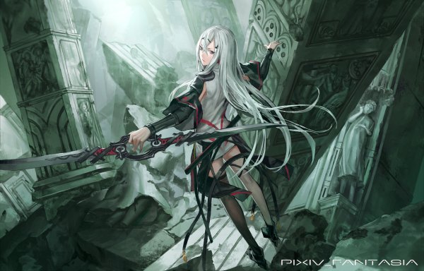 Anime picture 1200x768 with original pixiv fantasia pixiv fantasia t infukun single long hair standing brown eyes white hair looking back from behind spread arms ruins destruction girl thighhighs dress weapon sword single thighhigh
