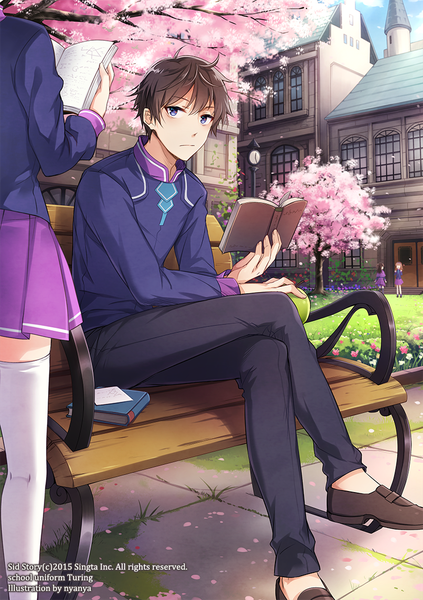 Anime picture 800x1134 with original nyanya long hair tall image fringe short hair blue eyes brown hair sitting multiple girls signed looking away sky cloud (clouds) pleated skirt zettai ryouiki crossed legs text cherry blossoms solo focus