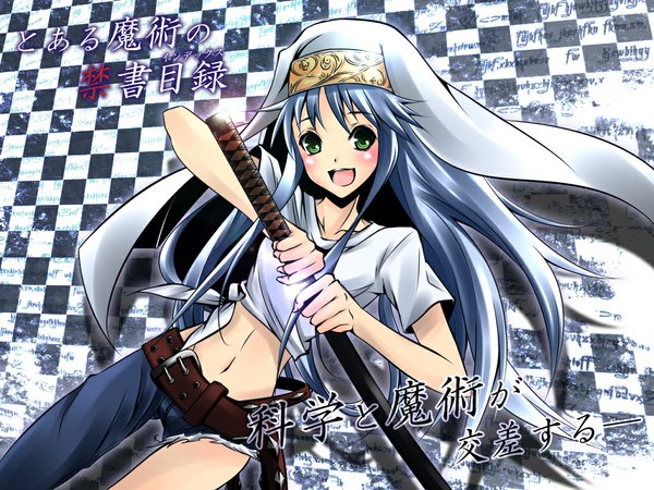 Anime picture 1024x768 with to aru majutsu no index j.c. staff index kanzaki kaori heripu long hair smile green eyes blue hair midriff cosplay unsheathing kanzaki kaori (cosplay) navel hat sword belt katana t-shirt sheath