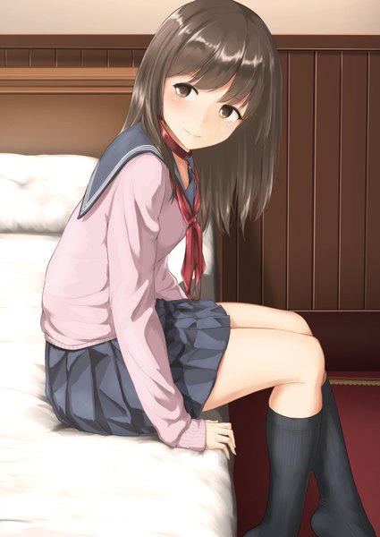 Anime picture 640x904 with original minagiku single long hair tall image looking at viewer blush fringe brown hair sitting brown eyes indoors long sleeves head tilt pleated skirt looking back light smile arm support leaning no shoes