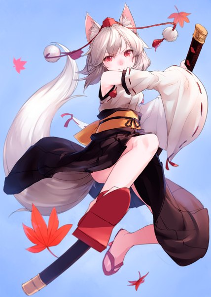 Anime picture 1069x1500 with touhou inubashiri momiji junwool single tall image looking at viewer short hair simple background red eyes bare shoulders animal ears silver hair tail traditional clothes japanese clothes animal tail blue background jumping wolf ears wolf tail