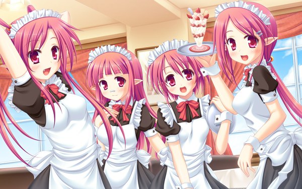 Anime picture 1920x1200 with dungeon and fighter mage (dungeon and fighter) miu (c blue) long hair blush highres short hair open mouth red eyes wide image multiple girls red hair pointy ears teeth maid fang (fangs) girl food headdress sweets