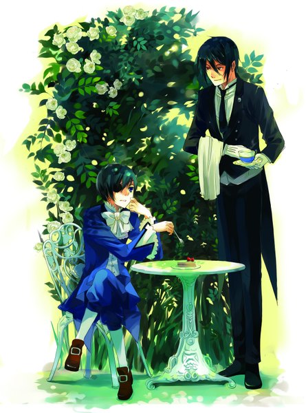 Anime picture 1200x1617 with kuroshitsuji a-1 pictures sebastian michaelis ciel phantomhive a-boo tall image short hair blue eyes black hair red eyes standing sitting boy gloves flower (flowers) necktie food sweets bowtie rose (roses)