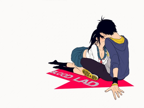 Anime picture 1280x960 with blood lad brains base (studio) charlie blood staz yanagi fuyumi long hair short hair black hair simple background white background sitting from behind couple hug kneeling crossed legs striped face to face kiss girl boy