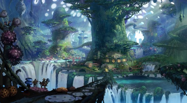 Anime picture 3000x1663 with original tyler edlin highres wide image landscape alternate age waterfall ambiguous gender plant (plants) animal tree (trees) water stone (stones) house bridge