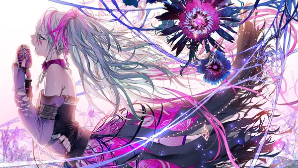 Anime picture 1373x775 with vocaloid hatsune miku tsukioka tsukiho single open mouth blue eyes wide image white background bare shoulders very long hair profile multicolored hair aqua hair two-tone hair girl dress flower (flowers) microphone stand