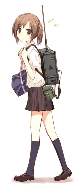 Anime picture 864x1992 with original orda single tall image looking at viewer short hair simple background brown hair white background twintails brown eyes short twintails girl uniform school uniform black socks bag knee socks radio