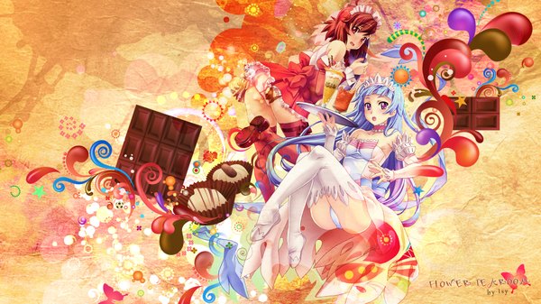 Anime picture 1920x1080 with kannagi nagi (kannagi) aoba tsugumi isy (artist) long hair highres short hair light erotic red eyes wide image purple eyes multiple girls blue hair ass red hair waitress abstract girl thighhighs underwear