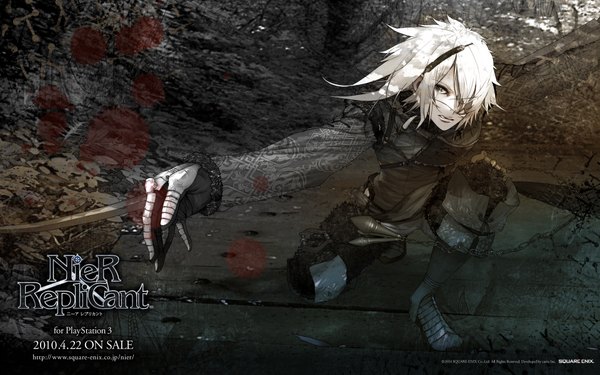Anime picture 1920x1200 with nier nier replicant nier (young) single highres short hair wide image white hair grey hair inscription grey eyes boy weapon armor chain cave