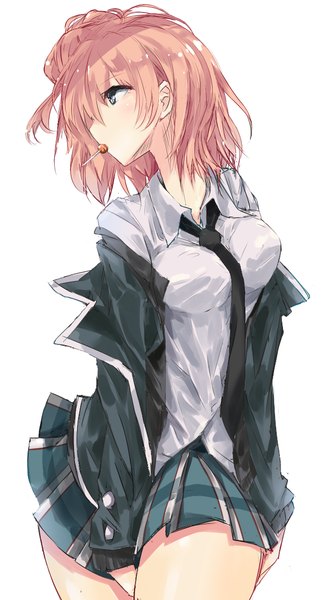 Anime picture 618x1150 with yahari ore no seishun love comedy wa machigatteiru. brains base (studio) yuigahama yui nao (qqqbb) single tall image blush fringe short hair breasts blue eyes simple background brown hair large breasts standing white background looking away pleated skirt open clothes open jacket