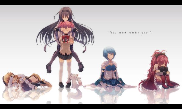 Anime picture 2500x1507 with mahou shoujo madoka magica shaft (studio) akemi homura kaname madoka sakura kyouko miki sayaka tomoe mami kyuubee shinta (artist) long hair highres short hair black hair blonde hair wide image sitting multiple girls blue hair pink hair red hair