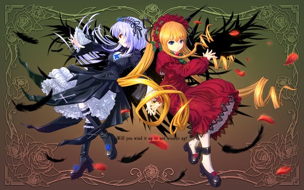 Anime picture 1920x1200 with rozen maiden suigintou shinku wuniang long hair highres blue eyes blonde hair red eyes wide image multiple girls silver hair loli drill hair lolita fashion goth-loli girl dress 2 girls petals