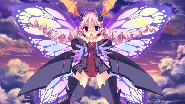 Anime picture 2048x1152 with kouyoku no soleil skyfish (studio) long hair blush highres open mouth wide image purple eyes twintails pink hair game cg loli insect wings butterfly wings girl dress