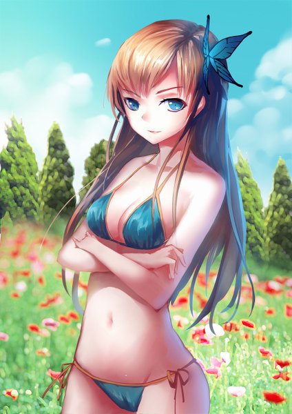 Anime picture 945x1336 with boku wa tomodachi ga sukunai kashiwazaki sena mou kankan (tims1111) single long hair tall image fringe breasts blue eyes light erotic smile brown hair standing bare shoulders sky cloud (clouds) sunlight bare belly bare legs crossed arms