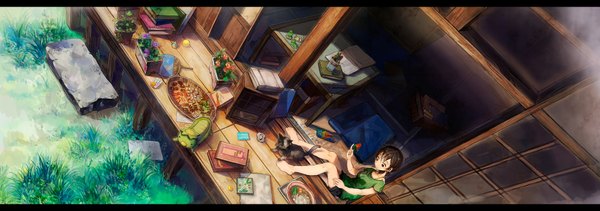 Anime picture 2000x704 with original neyagi highres short hair smile brown hair wide image sitting brown eyes barefoot letterboxed detailed girl flower (flowers) plant (plants) food sweets book (books) cat grass