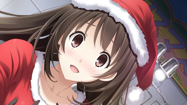 Anime picture 1280x720 with kiss bell giga takahata chiharu long hair blush open mouth black hair wide image brown eyes game cg christmas girl santa claus hat santa claus costume