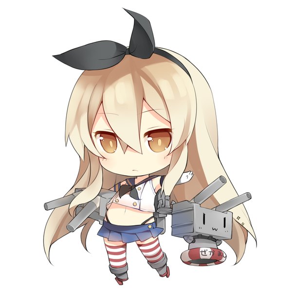 Anime picture 1771x1771 with kantai collection shimakaze destroyer rensouhou-chan saru (longbb) long hair looking at viewer blush highres simple background blonde hair white background brown eyes zettai ryouiki chibi :3 girl thighhighs skirt gloves navel