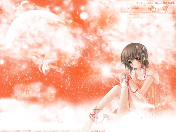 Anime picture 1600x1200 with tagme (copyright) carnelian single looking at viewer blush fringe short hair brown hair sitting bare shoulders payot full body bent knee (knees) head tilt barefoot hair flower inscription orange eyes soles hand on knee