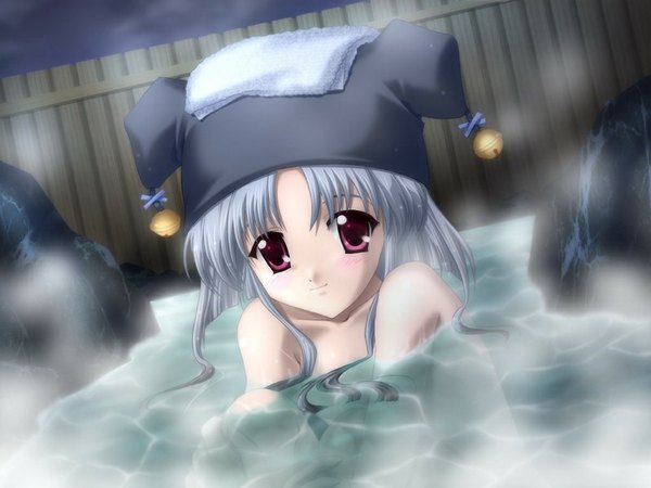 Anime picture 1024x768 with suika (game) purple eyes game cg silver hair loli girl water onsen