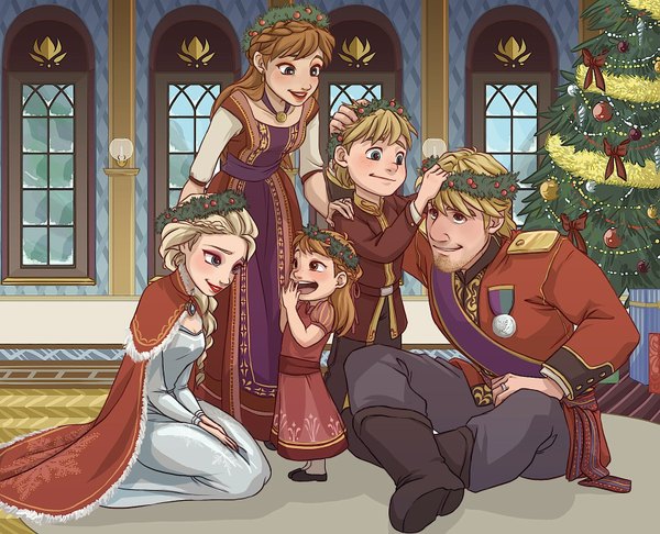 Anime picture 1711x1386 with frozen (disney) disney elsa (frozen) anna (frozen) kristoff (frozen) xxmemoriezxx long hair highres short hair blue eyes blonde hair brown hair sitting multiple girls brown eyes braid (braids) lips multiple boys kneeling crossed legs