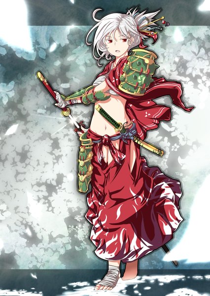 Anime picture 2208x3106 with league of legends riven (league of legends) kaho single tall image highres short hair open mouth red eyes looking away silver hair barefoot midriff girl navel weapon sword katana