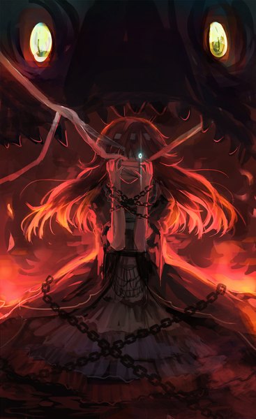 Anime picture 619x1012 with original mimi n (futarinokizuna) single long hair tall image fringe red hair glowing glowing eye (eyes) girl dress chain bandage (bandages)