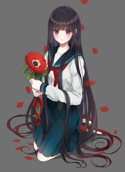 Anime picture 721x992 with original usamochi. single tall image blush fringe black hair simple background purple eyes holding looking away blunt bangs very long hair grey background depth of field kneeling girl uniform flower (flowers) petals