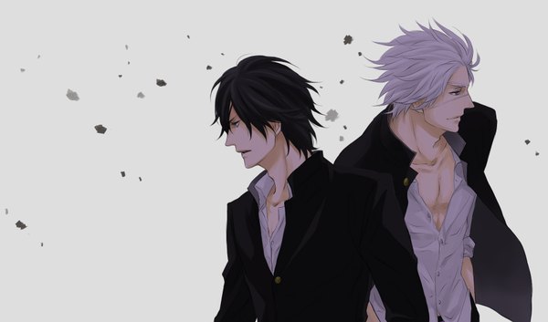 Anime picture 1781x1048 with sengoku basara production i.g date masamune motochika chousokabe mamori highres short hair open mouth black hair simple background wide image white background white hair multiple boys grey eyes scar partially open clothes boy shirt petals