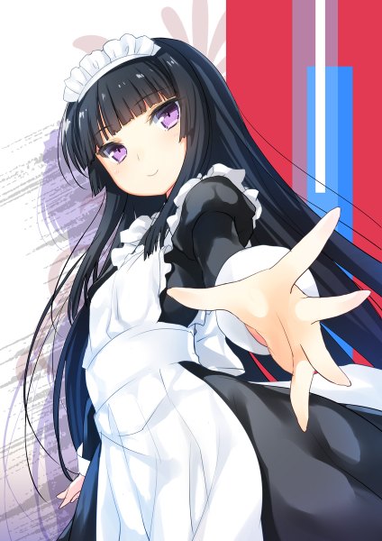 Anime picture 848x1200 with original 47agdragon single long hair tall image looking at viewer blush fringe black hair smile standing purple eyes payot blunt bangs long sleeves shadow from below maid puffy sleeves outstretched arm