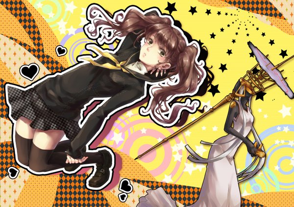 Anime picture 1414x999 with persona 4 kujikawa rise pollia single long hair looking at viewer blush brown hair twintails arms behind head girl thighhighs dress skirt uniform ribbon (ribbons) black thighhighs school uniform heart white dress