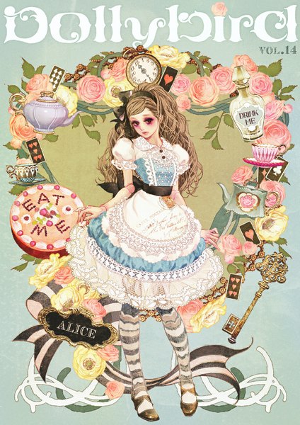Anime picture 827x1169 with alice in wonderland alice (wonderland) matsuo hiromi single tall image looking at viewer blush lips inscription character names girl thighhighs dress hair ornament flower (flowers) bow ribbon (ribbons) heart hairband sweets
