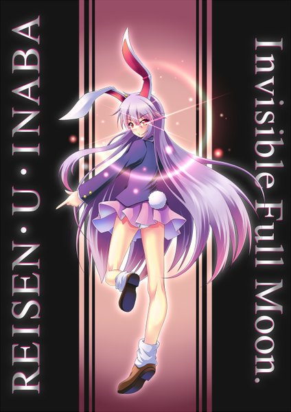 Anime picture 1050x1485 with touhou reisen udongein inaba nanappe single tall image light erotic red eyes animal ears purple hair bent knee (knees) tail very long hair animal tail pleated skirt looking back inscription :o bunny ears pantyshot character names
