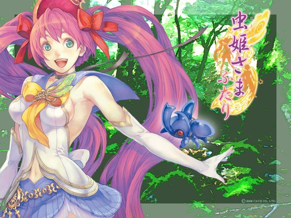 Anime picture 1280x960 with mushihime-sama mushihime-sama futari reco haccan single breasts open mouth twintails green eyes purple hair very long hair :d official art bare belly copyright name sideboob girl gloves navel bow