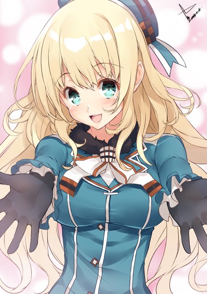 Anime picture 566x800 with kantai collection atago heavy cruiser yappen single long hair tall image looking at viewer blush fringe breasts open mouth blonde hair large breasts signed aqua eyes dated spread arms pink background girl gloves