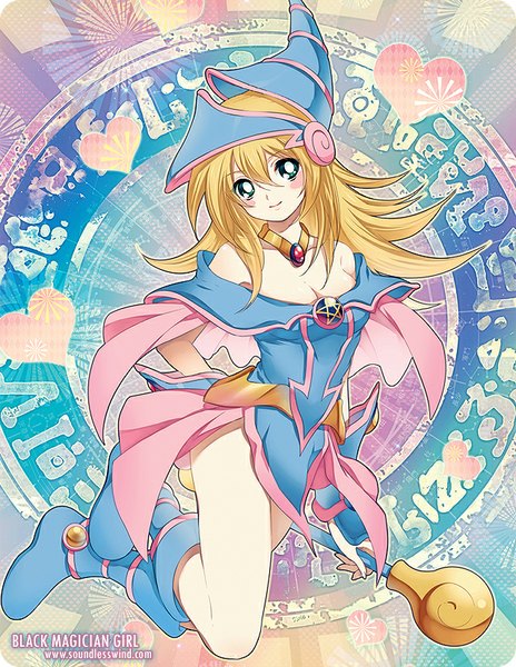 Anime picture 638x825 with yu-gi-oh! dark magician girl kaze-hime single long hair tall image looking at viewer blush blonde hair smile hair between eyes bare shoulders green eyes signed legs hand on hip jumping girl dress hat