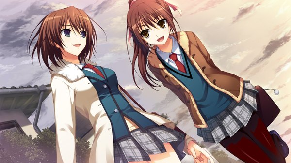 Anime picture 1280x720 with koi de wa naku (game) makishima yumi tomose shunsaku long hair short hair blue eyes brown hair wide image multiple girls yellow eyes game cg girl 2 girls serafuku