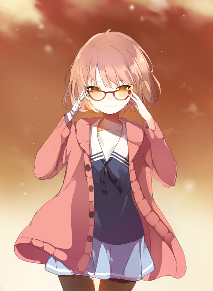 Anime picture 729x998 with kyoukai no kanata kyoto animation kuriyama mirai lpip single tall image blush fringe short hair open mouth brown eyes pink hair ahoge thigh gap looking down adjusting glasses girl uniform pantyhose glasses