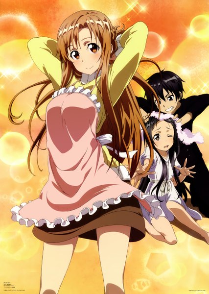 Anime picture 3640x5115 with sword art online a-1 pictures yuuki asuna kirigaya kazuto yui (sao) nishiguchi tomoya long hair tall image blush highres short hair open mouth black hair smile brown hair multiple girls brown eyes absurdres one eye closed wink