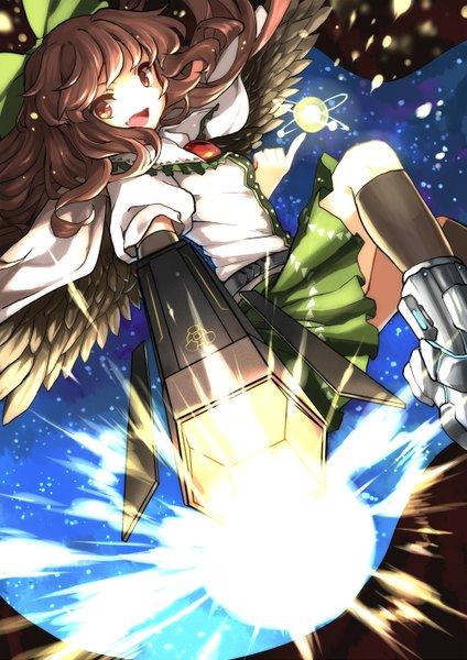 Anime picture 1000x1414 with touhou reiuji utsuho hillly (maiwetea) single long hair tall image looking at viewer open mouth brown hair brown eyes magic flying black wings starry sky print arm cannon girl bow weapon hair bow wings